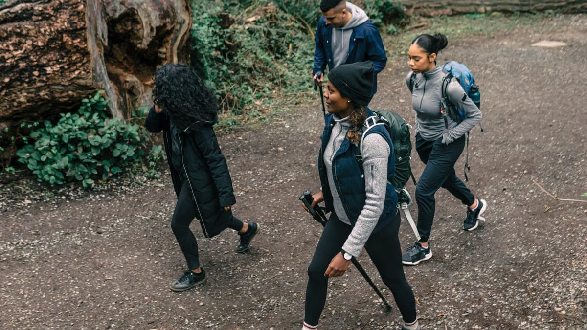 A diverse group of friends enjoying a hike through a lush forest trail.